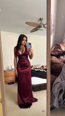 Burgundy V Neck Long Party Formal Prom Evening Wedding Dress