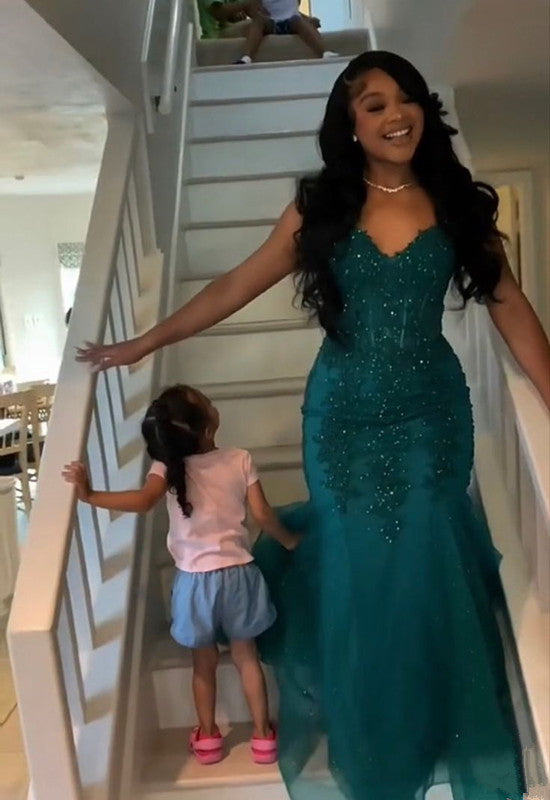 Dark Green Mermaid Tulle Lace Prom Dress Formal Gown for Winter