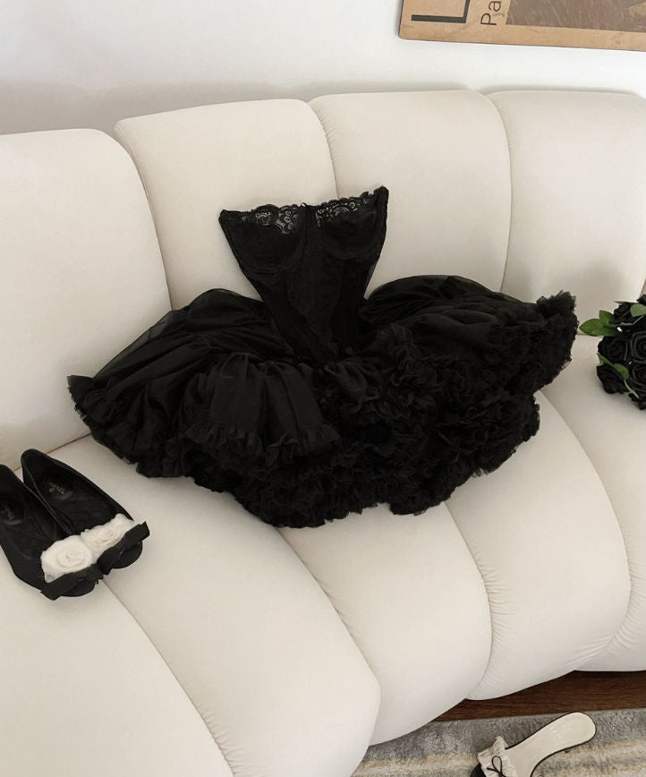 Elegant Strapless Black Lace Ball Gown Homecoming Dress Outfit