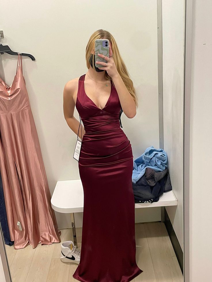 Burgundy V Neck Long Party Formal Prom Evening Wedding Dress