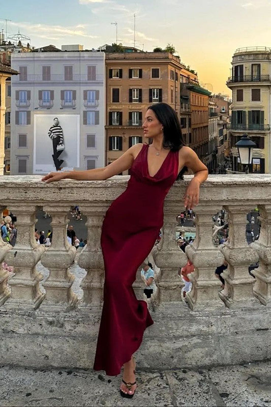 Burgundy Deep V Neck Prom Dress Evening Gown Satin Fabric