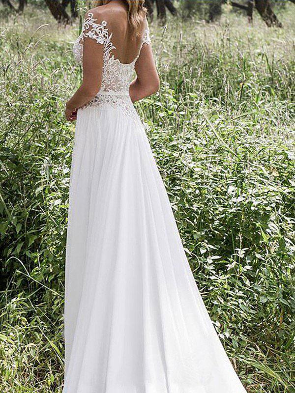 Short Sleeve Lace Wedding Dress with High Slit Flowing Skirt