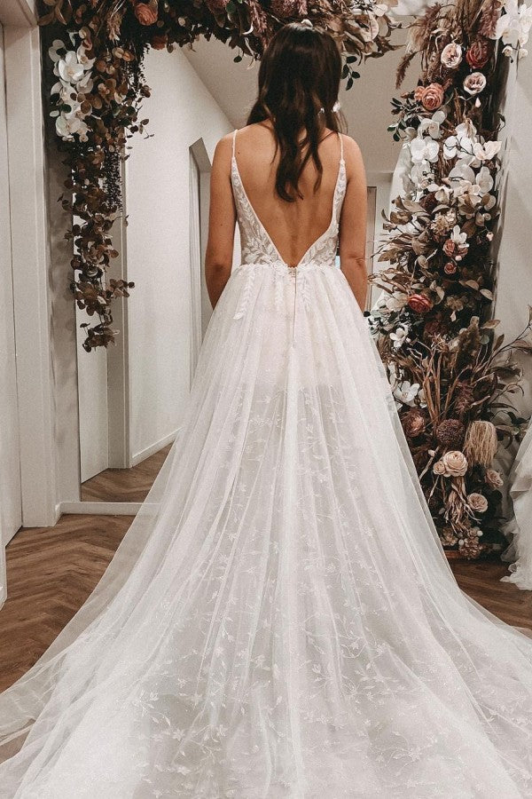 Elegant Long A-Line V-Neck Wedding Dress with Open Back and Slit