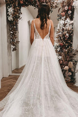 Elegant Long A-Line V-Neck Wedding Dress with Open Back and Slit