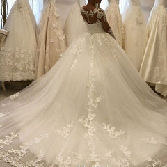 Elegant Bateau Long Sleeve A-Line Wedding Dress with Lace Appliques