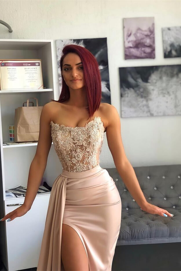 Elegant Strapless Pink Prom Dress with Applique Details and High Slit