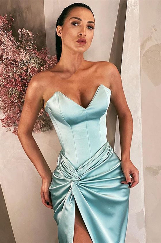 Elegant Sky Blue V-Neck Long Prom Gown with Thigh-High Split for Women