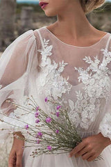 Tulle Lace Bubble Sleeve Wedding Dress with Sheer Bodice