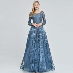 Elegant Ink Blue Long Sleeve Prom Dress Sequin Applique A Line Gown
