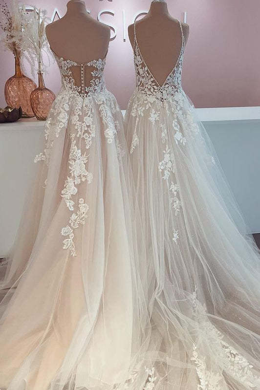 Elegant A-Line Backless Wedding Dress with Tulle and Lace Appliques