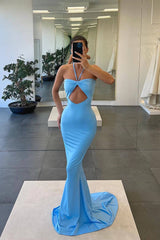 Blue Halter Strapless Fitted Mermaid Evening Dress Prom Gown