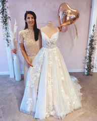 Vintage Spaghetti Straps A-Line Wedding Dress with Lace Appliques and Train