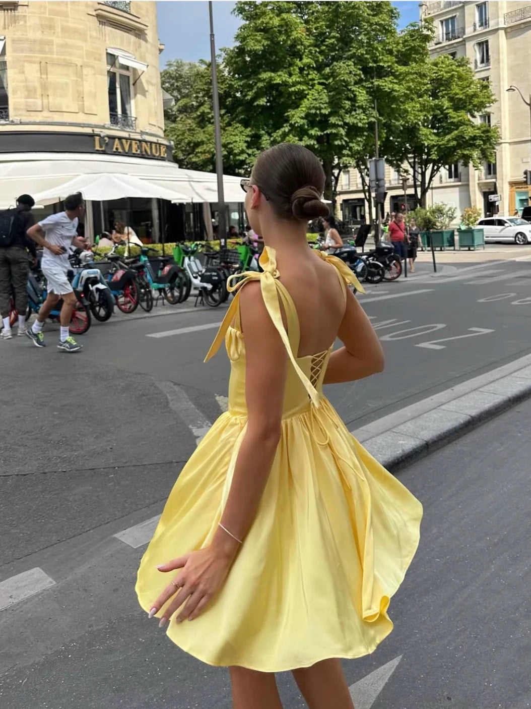 Yellow Satin A-Line Homecoming Dress with Bow Strap and Lace-Up