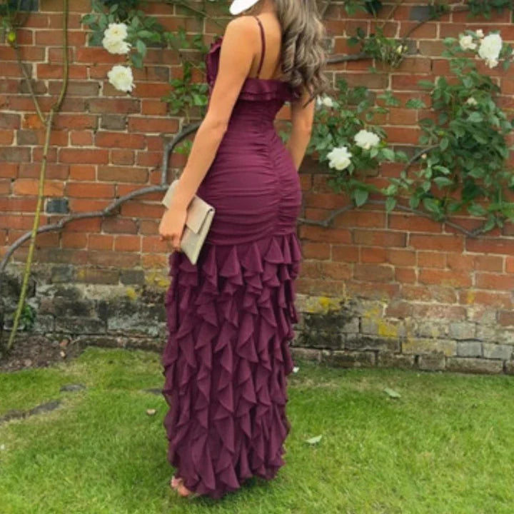 Burgundy Spaghetti Straps Chiffon Prom Evening Party Dress For Women