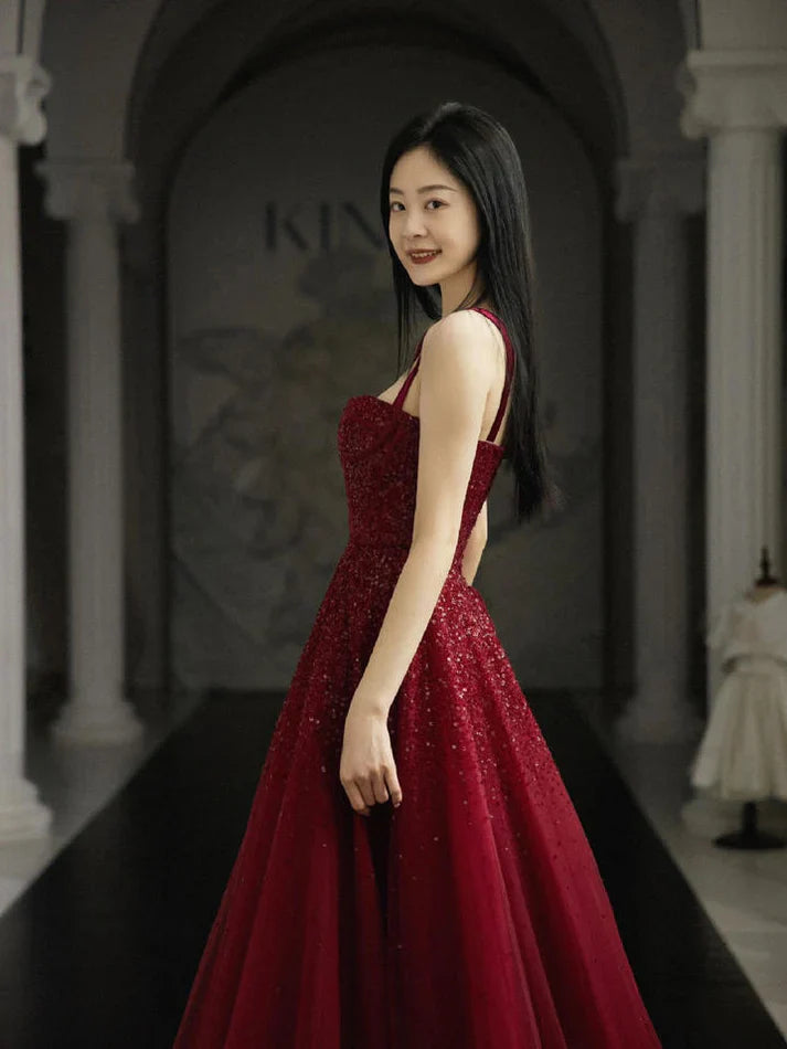 Burgundy Tulle A-Line Prom Dress with Straps and Lace-Up