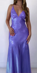 V Neck Long Prom Dress Evening Gown Satin Red Pink