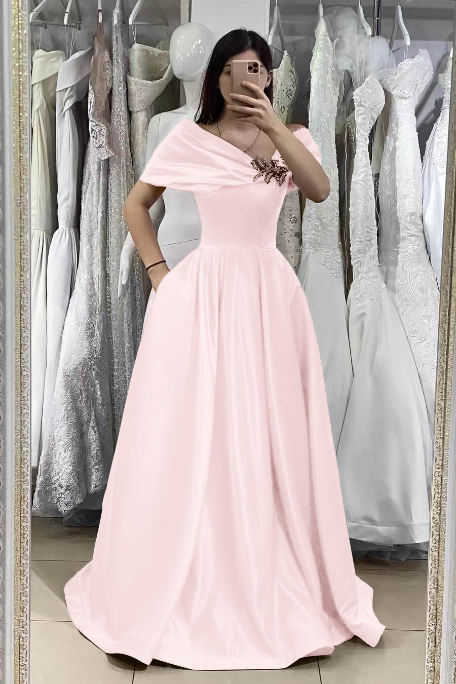 pink dress with embellishments Beaded Long Formal Prom Dress with Overskirt -PromGirl Rose/Champagne / 4