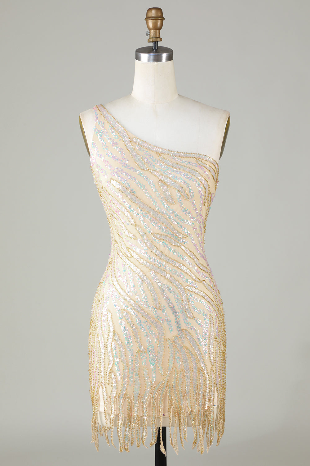 Blue Sequin One-Shoulder Sheath Short Homecoming Dress with Tassel Accent