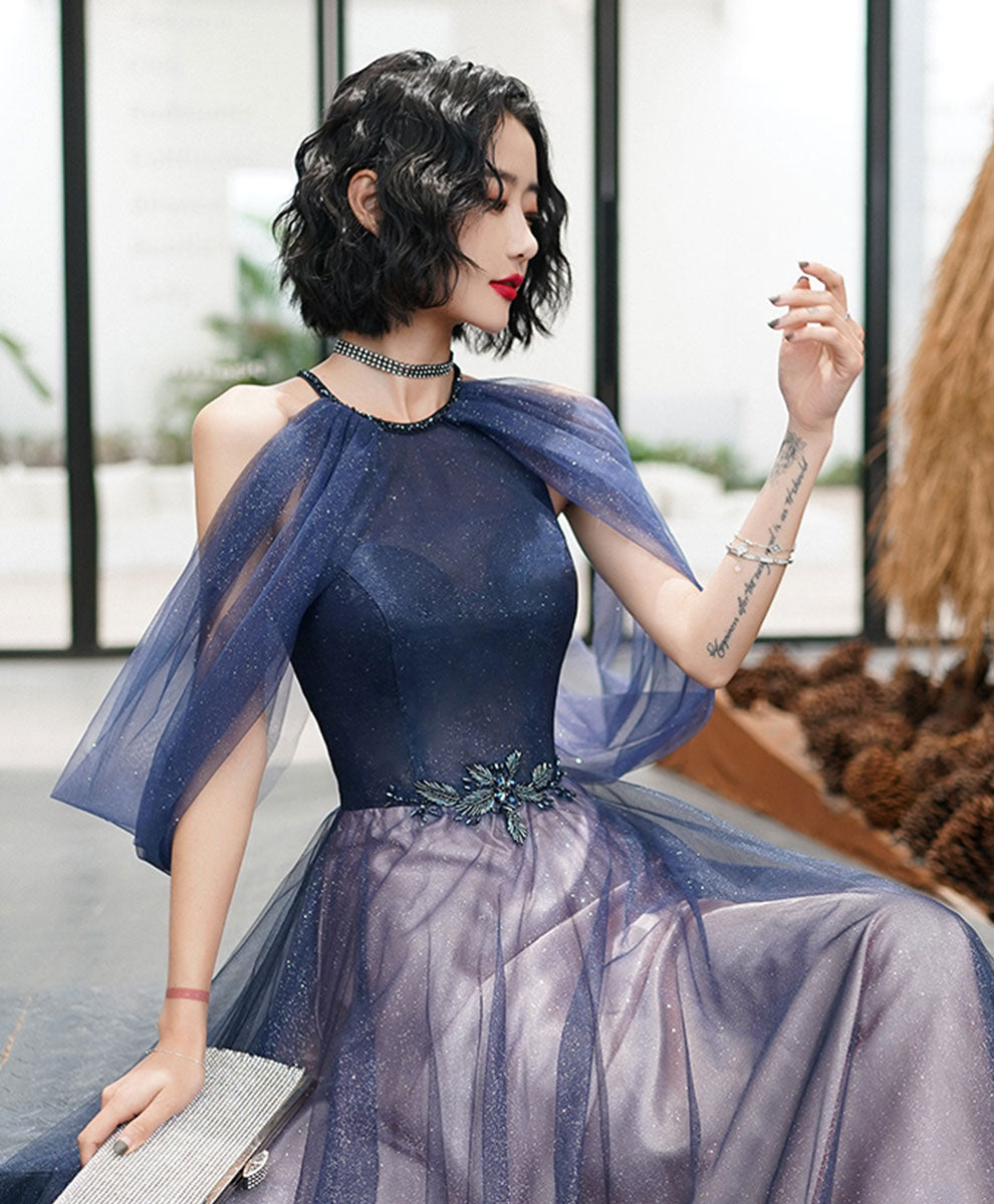 Blue Tulle Sequin Evening Gown Long Prom Dress For Women