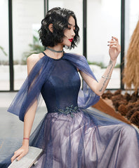 Blue Tulle Sequin Evening Gown Long Prom Dress For Women