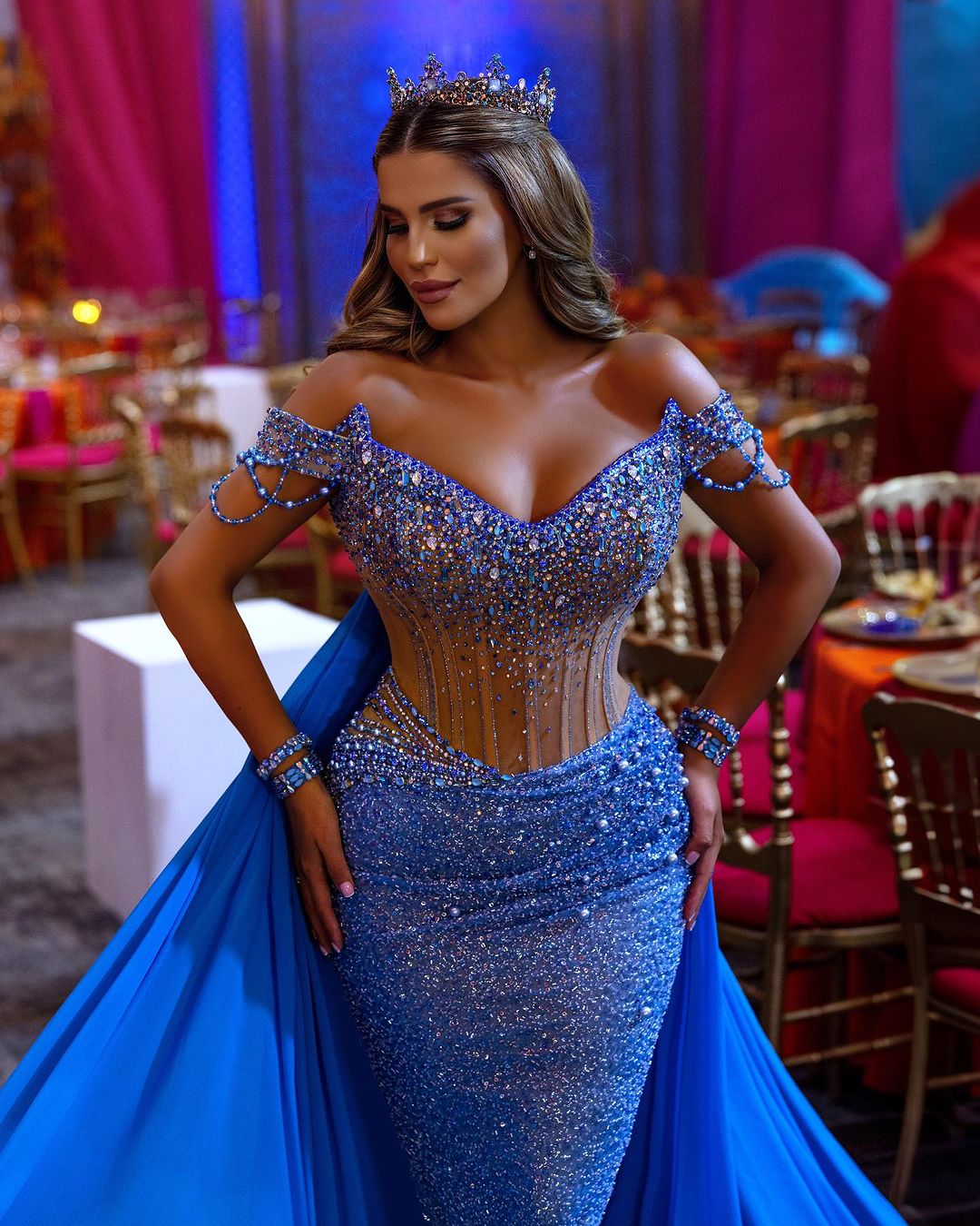 Elegant Off-Shoulder V-Neck Prom Gown with Sequin Embellishments & Flowing Trail