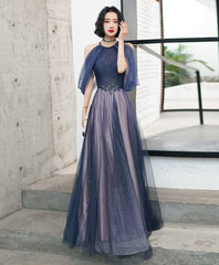Blue Tulle Sequin Evening Gown Long Prom Dress For Women