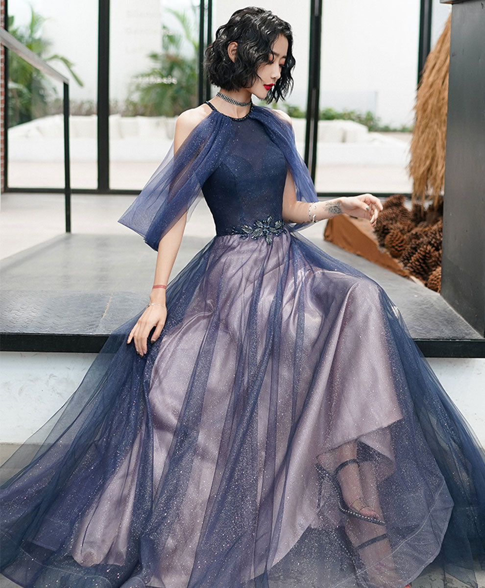Blue Tulle Sequin Evening Gown Long Prom Dress For Women