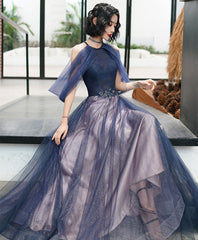 Blue Tulle Sequin Evening Gown Long Prom Dress For Women