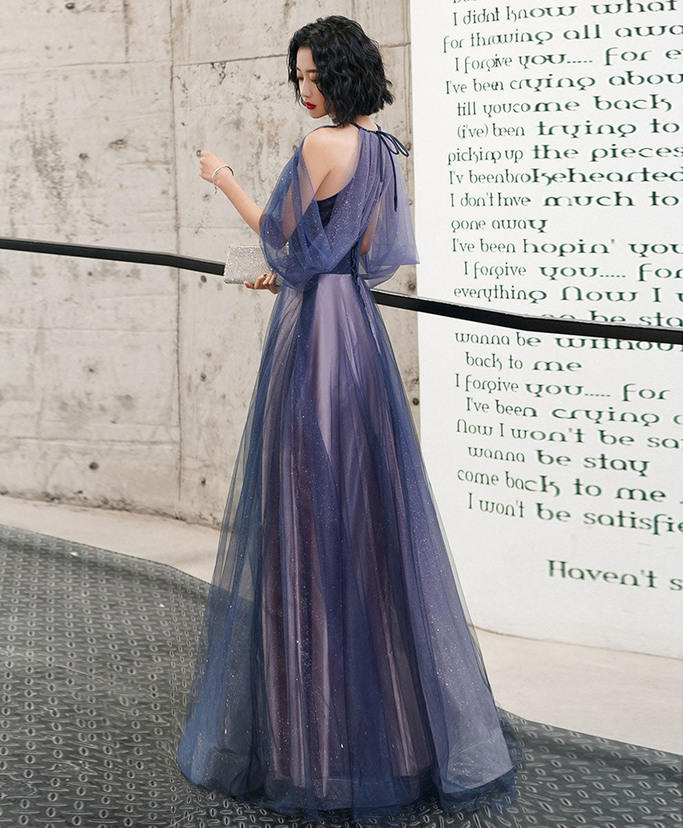 Blue Tulle Sequin Evening Gown Long Prom Dress For Women