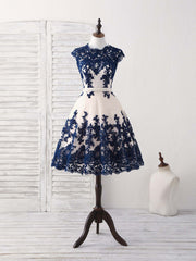 Elegant Dark Blue Lace Tulle Short Prom Dress, Stylish Blue Bridesmaid Gown