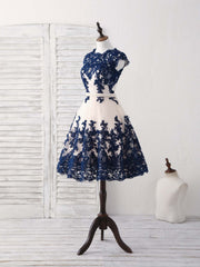Elegant Dark Blue Lace Tulle Short Prom Dress, Stylish Blue Bridesmaid Gown
