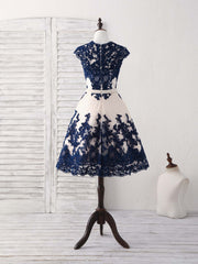 Elegant Dark Blue Lace Tulle Short Prom Dress, Stylish Blue Bridesmaid Gown