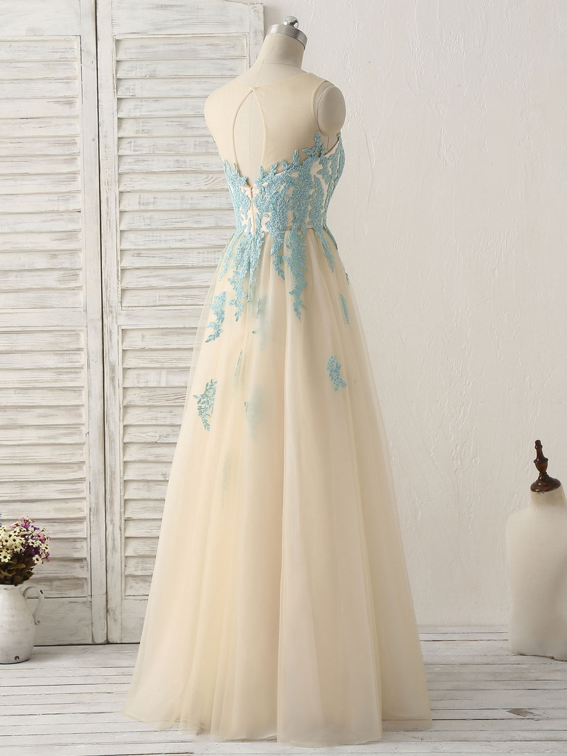 Elegant Green Lace Tulle Prom Bridesmaid Dress Gown with Long Sleeves