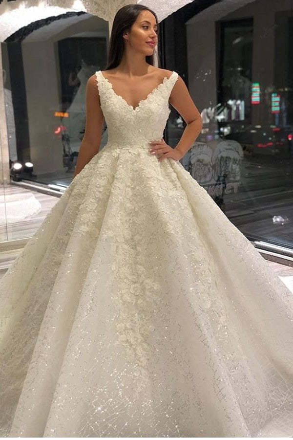 Elegant A-Line V-Neck Floor-Length Wedding Gown with Delicate Lace & Sequin Appliques