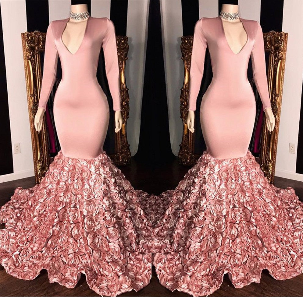 Elegant V-Neck Long Sleeve Mermaid Prom Dress with Floral Bottom