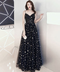 Black V Neck Tulle Long Evening Prom Dress For Women