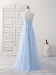 Elegant Blue Tulle Long Prom Dress, Enchanting Bridesmaid Gown for Special Occasions