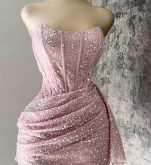 Pink Strapless Sequins Mini Dress Homecoming Party Birthday Outfit 