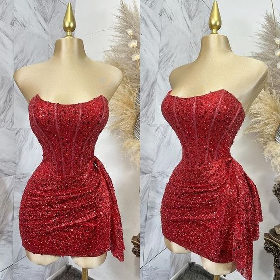 Red Strapless Sequins Mini Dress Homecoming Party Birthday Outfit 