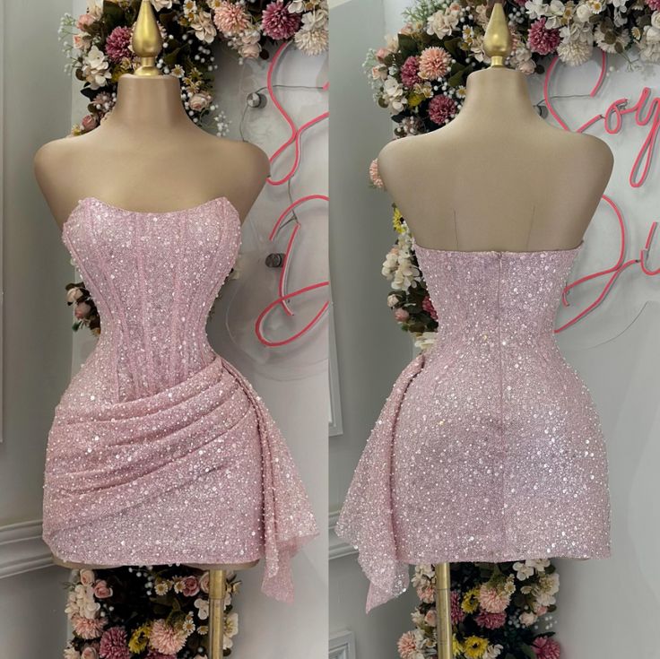 Pink Strapless Sequins Mini Dress Homecoming Party Birthday Outfit 