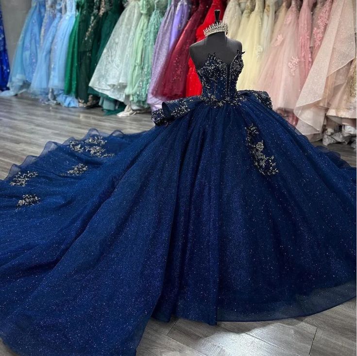 Navy Sparkle Princess Quinceanera Ball Gown with Applique Corset Peplum