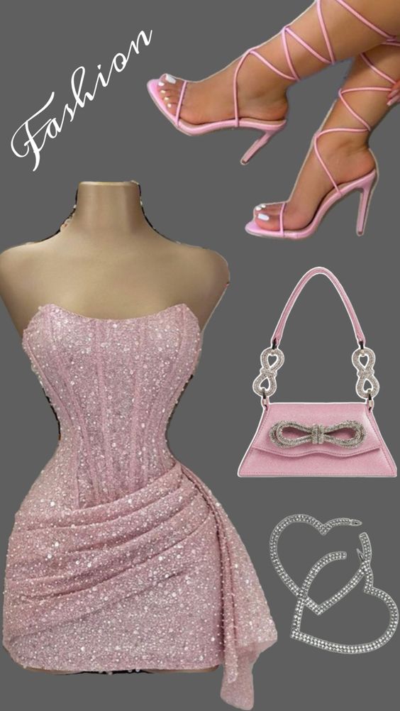 Pink Strapless Sequins Mini Dress Homecoming Party Birthday Outfit 