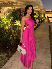 One-Shoulder Pleated Asymmetric Cutout Chiffon Evening Prom Gown Sleeveless