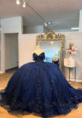 Navy Quinceanera Ball Gown with Floral Appliqués Beaded Crystal Corset