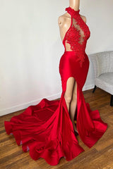 Burgundy Halter Applique Prom Dress with Front Slit - Elegant Gown