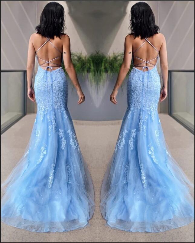 Sky Blue Halter Mermaid Prom Dress - Elegant Full-Length Formal Gown for Women