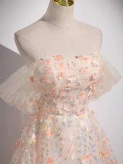 Champagne Formal Tulle Lace Off Shoulder Long Prom Dress