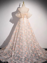 Champagne Formal Tulle Lace Off Shoulder Long Prom Dress