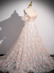 Champagne Formal Tulle Lace Off Shoulder Long Prom Dress