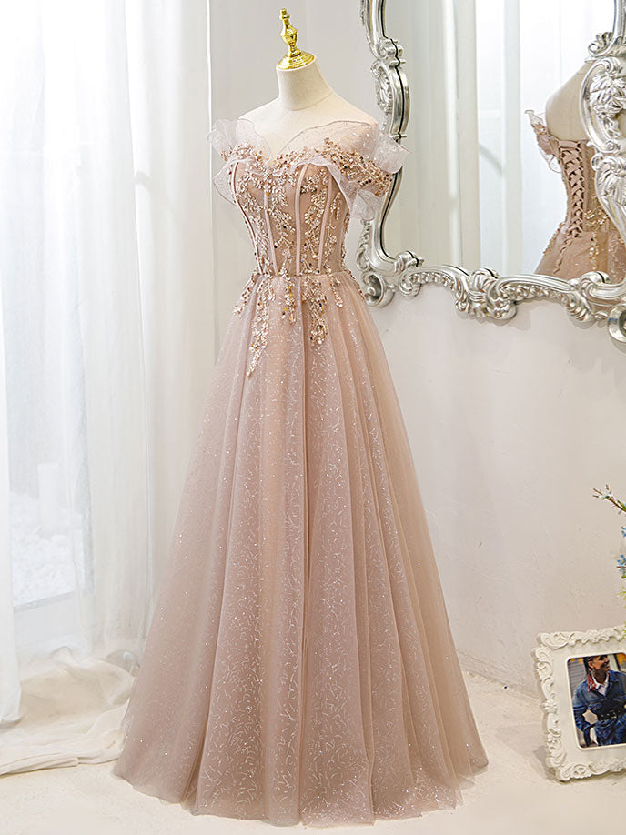 Champagne Tulle Lace A Line Long Prom Evening Dress